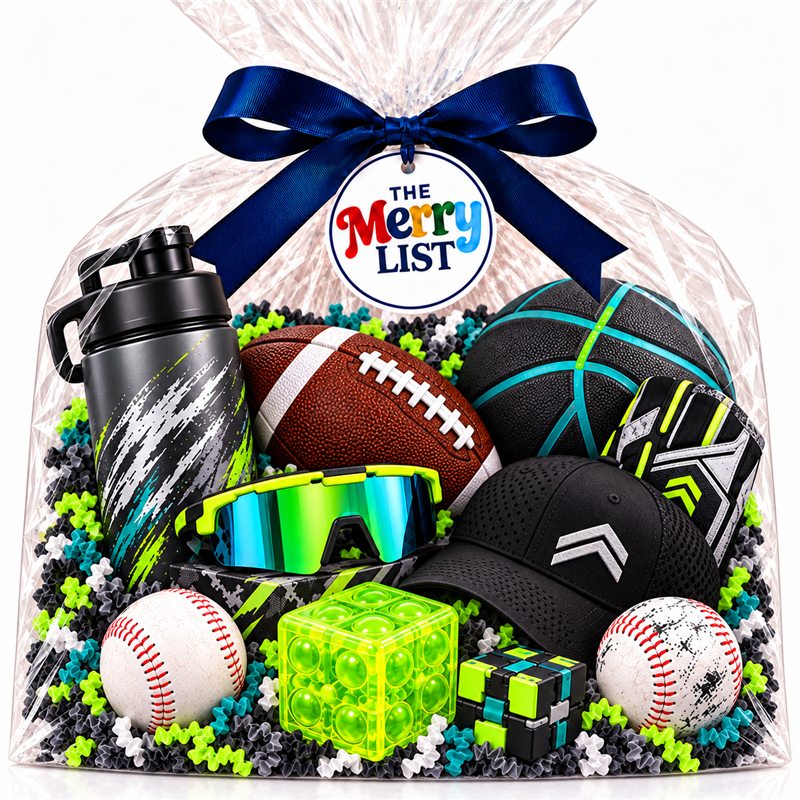 A cellophane Merry List gift bag with sports balls, a water bottle, sunglasses and a cap