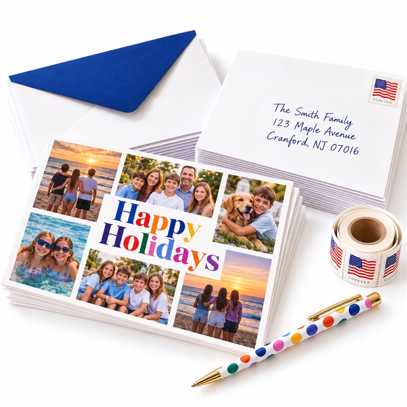 Holiday photo cards and addressed envelopes with a roll of flag stamps and a polka dot pen