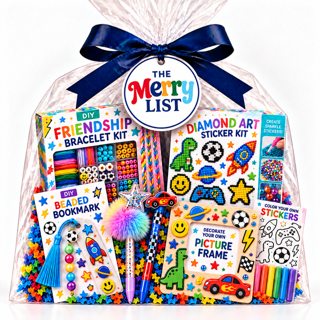 A cellophane Merry List gift bag with bracelet, sticker and bookmark craft kits