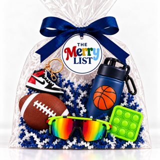 A cellophane Merry List gift bag with a football, a basketball water bottle, a sneaker keychain and sunglasses