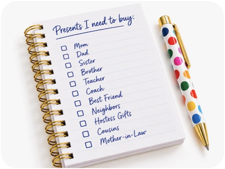 A spiral notebook titled Presents I need to buy with a checklist of Mom, Dad, Sister, Brother, Teacher, Coach and more, beside a polka dot pen