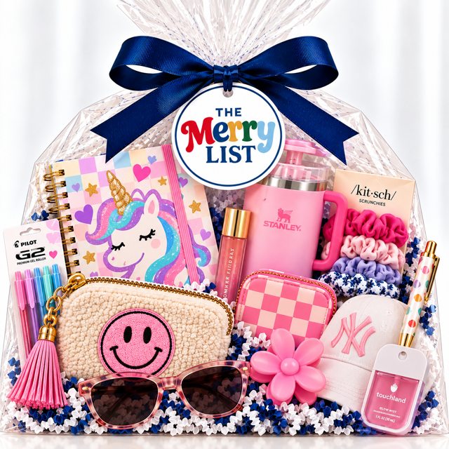 A cellophane Merry List gift bag with a unicorn notebook, a pink tumbler, scrunchies and sunglasses