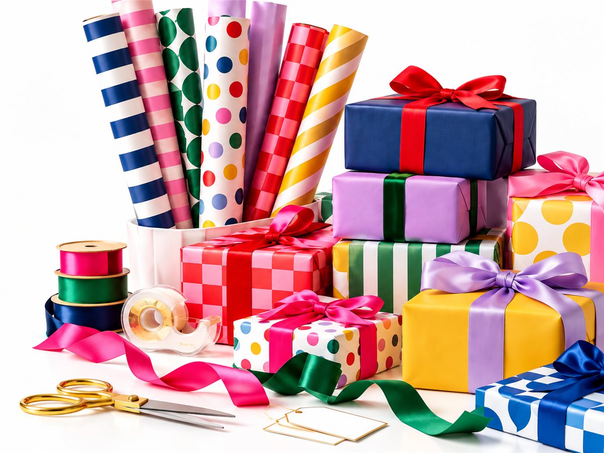 Rolls of bright wrapping paper, ribbon spools, scissors and stacks of colorfully wrapped gifts