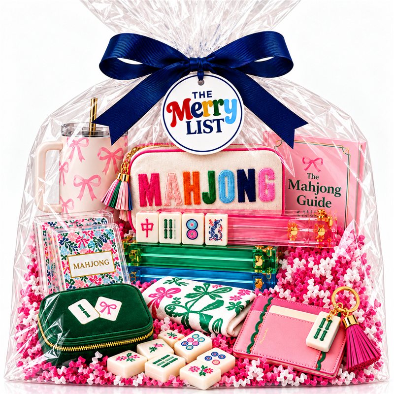 A cellophane Merry List gift bag with Mah Jong tiles, a pouch and a pink case