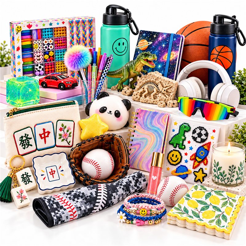 A colorful collection of gifts including water bottles, a basketball, headphones, a Mah Jong tray and toys