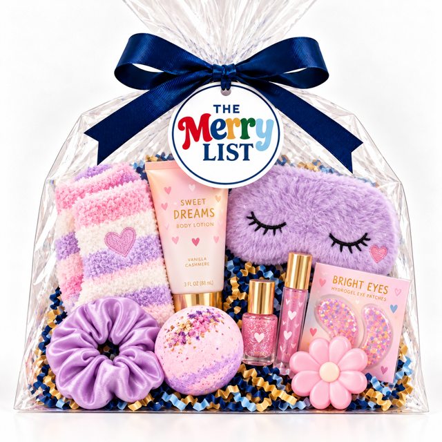 A cellophane Merry List gift bag with fuzzy socks, a sleep mask, a bath bomb and lip gloss