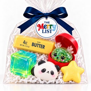 A cellophane Merry List gift bag with squishy toys including a panda and a green cactus
