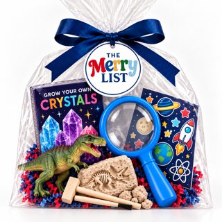 A cellophane Merry List gift bag with a crystal growing kit, a magnifying glass and a dinosaur fossil dig