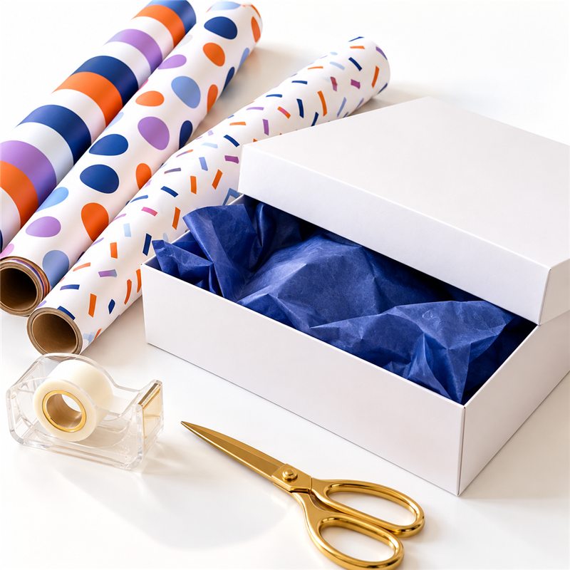 Rolls of patterned wrapping paper, tape and gold scissors beside an open white gift box with navy tissue paper